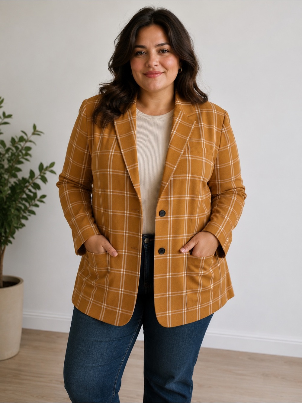 ASOS Mustard Windowpane Plaid Blazer Career Office Academia Size 14 Preppy